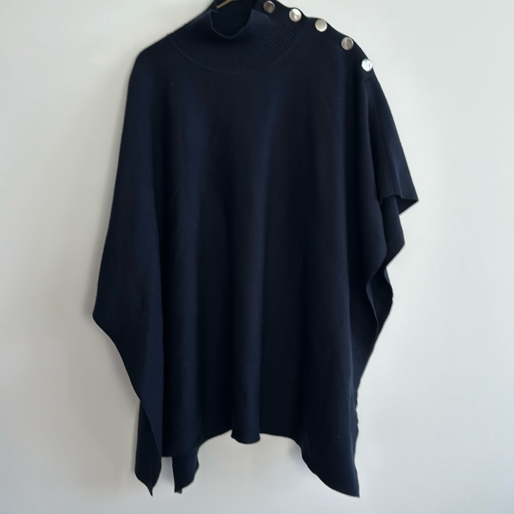 Hugo Boss wool poncho navy blue with side buttons . One size fits all.